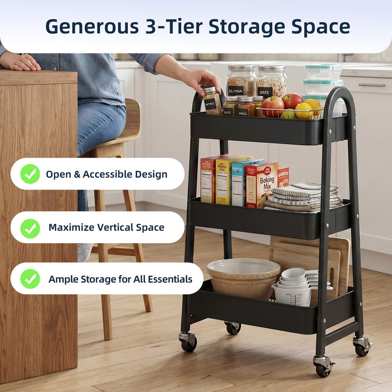 Gianna Utility Cart, Metal, 3‑Tier, Lockable Caster Wheels , 360° Roll ...
