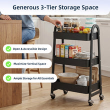 Gianna Utility Cart, Metal, 3‑Tier, Lockable Caster Wheels , 360° Rolling, Black