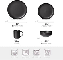 12-Piece Stoneware Dinnerware Set with Mugs | Microwave and Dishwasher Friendly | Stackable Matte Glaze Plates & Bowls | Service for 3 (Black for 3) - Brands For Less USA