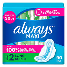 Always Maxi Feminine Pads with Wings for Women, Size 2, Long Super Absorbency, Unscented, 90 ct.