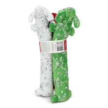 Multipet Plush Holiday Loofa Dog Toy with Sparkly Snowflakes, Stuffing & Squeaker, 3 pack with Red, Green & White, 12" Each