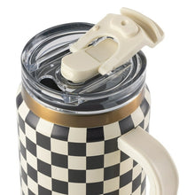 Thyme & Table 32 fl oz Stainless Steel Luna Tumbler with Handle and Dual Straw Lid, Cream & Black Check