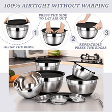 AOKIWO Mixing Bowls with Airtight Lids, 8PCS Stainless Steel Bowls Set with 3 Grater Attachments, Kitchen Bowls with Non-Slip Bottoms, Size 5, 4, 3.5, 2, 1.5 QT for Mixing & Serving, Black