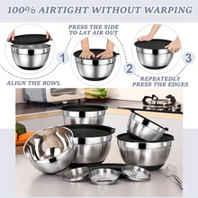 AOKIWO Mixing Bowls with Airtight Lids, 8PCS Stainless Steel Bowls Set with 3 Grater Attachments, Kitchen Bowls with Non-Slip Bottoms, Size 5, 4, 3.5, 2, 1.5 QT for Mixing & Serving, Black