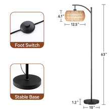 SUNMORY 63'' Dimmable Arc Rattan Floor Lamp, Black Standing Lamp with Rattan & Fabric Double Drum Shade, Boho Farmhouse Tall Lamp for Living Room, Lamps for Bedroom