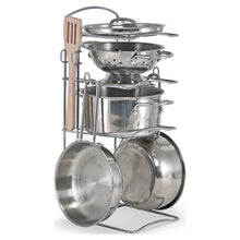 Melissa & Doug Stainless Steel Pots and Pans Pretend Play Kitchen Set for Kids with Wooden Utensils (8 Pcs)
