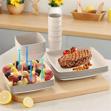 GPED 32 Pcs Wheat Straw Square Dinnerware Sets For 6, Unbreakable Dish Sets, Reusable Plates and Bowls Sets, Dinner Plates, Travel Camping Cutlery Set, Dishwasher Microwave Safe, Beige - Brands For Less USA