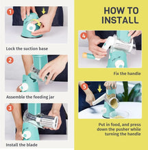 3 in 1 Cheese Grater Rotary, Cheese Shredder Grater for Kitchen Grater Slicer with 3 Replacement Blades, Potato Slicer Vegetable Chopper with Suction Base