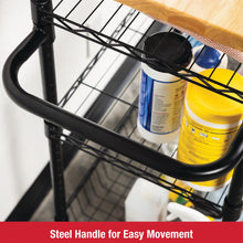 Rubbermaid 3-Tier Heavy Duty Black Rolling Utility Cart with Solid Wood Top, 300lb Capacity