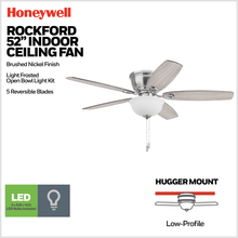 Ventilador de techo interior Honeywell Rockford de 52" en níquel satinado tradicional con luz, cadena y motor reversible 