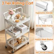 3 Tier Folding Rolling Cart, Folding Utility Cart with Lockable Wheels and Handle, Mobile Foldable Storage Cart Organizer for Kitchen, Bathroom, Office, Living Room