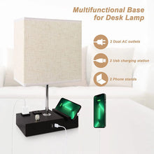 GPED Bedside Table Lamp for Bedroom with Dual Fast USB Charging Ports, Fully Dimmable Nightstand Lamps with 2 Phone Stands and 2 Charging Outlets, Desk lamp with Fabric Shade for Living Room