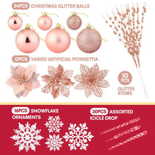 Ayieyill 92Pcs Christmas Tree Decorations Includes Poinsettia Christmas Flowers, Ball Ornaments, Artificial Glitter Berry Stems, Snowflake and Icicle Drop Crystal Ornaments | Rose Glod