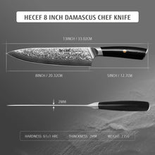 Hecef 8-Inch Chef Knife, Japanese Damascus Steel Blade with Resin Handle