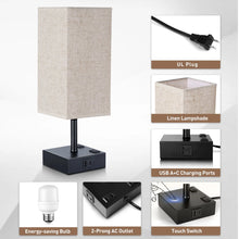 Walchoice Touch Control Table Lamp for Bedroom, 3-Way Dimmable Desk Lamp with USB A+C Charging Ports & 2-Prong AC Outlets, Nightstand Lamp with Rectangular Flaxen Shade