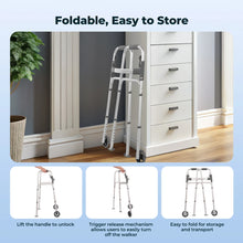 Naipo Compact Folding Walker with Trigger Release and Glide Skis for Seniors Elderly, 5 Inches Front Wheels Support Up to 350lbs, Silver - Brands For Less USA