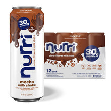 Can of Nurri mocha milkshake with packaging showing 12-pack option on a white background