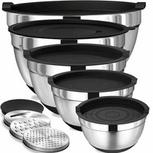 AOKIWO Mixing Bowls with Airtight Lids, 8PCS Stainless Steel Bowls Set with 3 Grater Attachments, Kitchen Bowls with Non-Slip Bottoms, Size 5, 4, 3.5, 2, 1.5 QT for Mixing & Serving, Black
