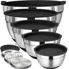 AOKIWO Mixing Bowls with Airtight Lids, 8PCS Stainless Steel Bowls Set with 3 Grater Attachments, Kitchen Bowls with Non-Slip Bottoms, Size 5, 4, 3.5, 2, 1.5 QT for Mixing & Serving, Black
