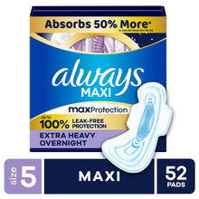 Always Maxi Overnight Pads with Wings for Women, Size 5, Extra Heavy Overnight Absorbency, Unscented, 52 Count (PACK OF 3 )