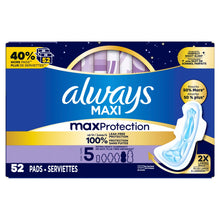 Always Maxi Overnight Pads with Wings for Women, Size 5, Extra Heavy Overnight Absorbency, Unscented, 52 Count (PACK OF 3 )