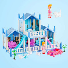 Anpro Blue Dollhouse Pretend Play Set for Kid, Big Villa Princess Castle, 5 Rooms Dollhouse with Doll Toy Figure for Age 3+ Boys and Girls Play House Gift Toys