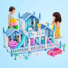 Anpro Blue Dollhouse Pretend Play Set for Kid, Big Villa Princess Castle, 5 Rooms Dollhouse with Doll Toy Figure for Age 3+ Boys and Girls Play House Gift Toys