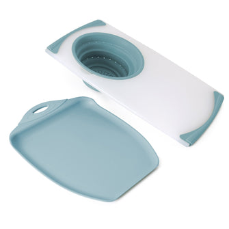 Dexas 2-Pack Over the Sink Strainer and Chop & Scoop Cutting Board, Choose Color
