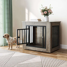 Dextrus 27.2" L 2-in-1 Dog Crate Furniture, Indoor Iron-Wood Dog Cage With Waterproof Top, Safety Corners,Steel Lock,for Small Dogs up to 30 lb,Gray,27.2"L x 20.1"W x 24"H