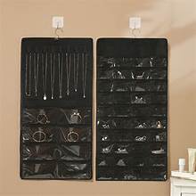 Organizador de joyas colgante de doble cara, soporte para collares con ganchos metálicos, rollo para guardar pendientes, expositor de pared para mujer (negro) 