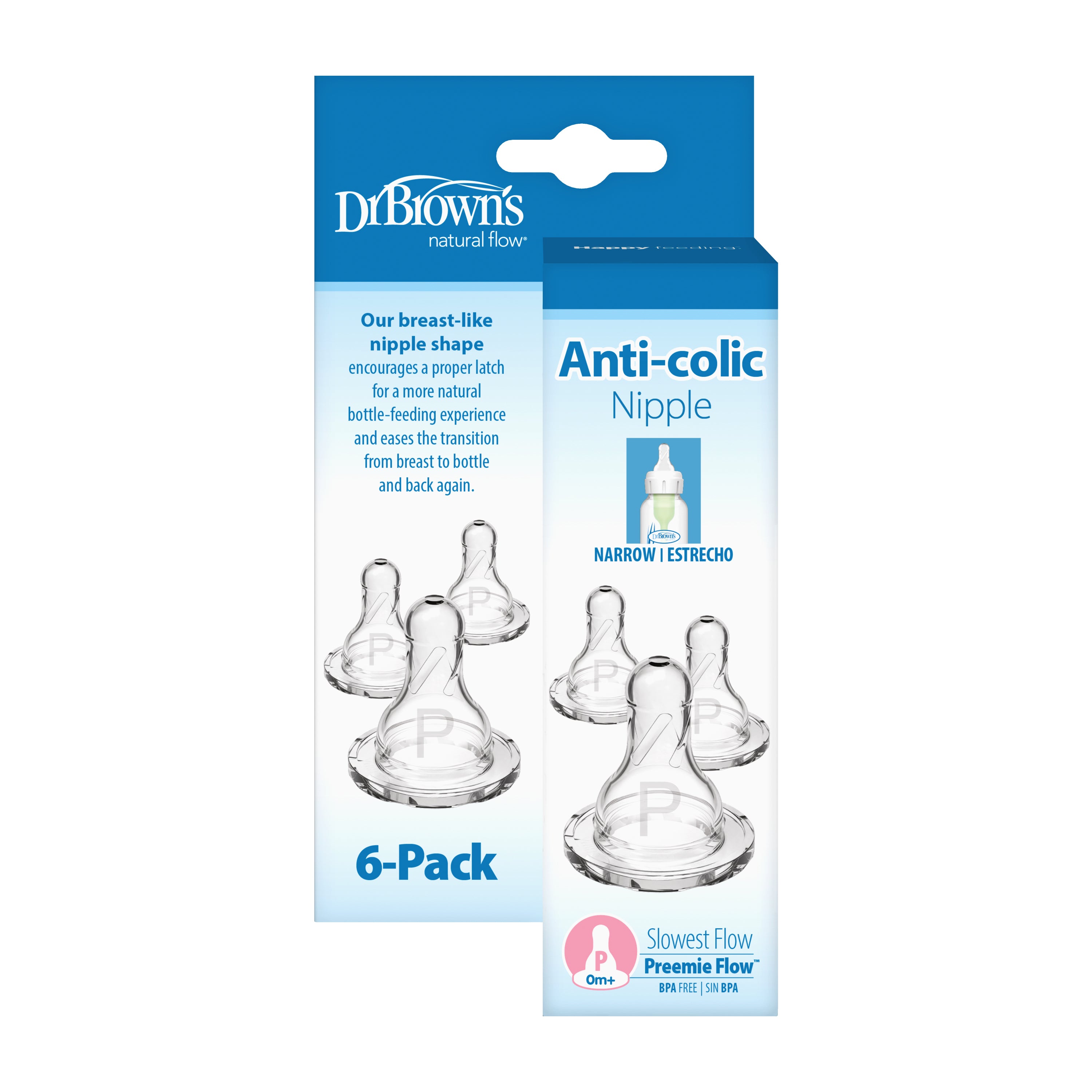 Dr. Brown's Natural Flow Preemie, Narrow Baby Bottle Nipple, Slowest F ...