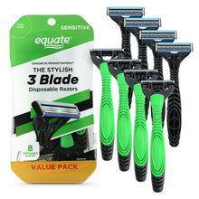 Equate Men's 3-Blade Sensitive Disposable Razors, Green and Black, 8 Count
