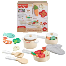 Fisher-Price Wooden Kitchen Pots & Pans Set, 19 Wood Pieces for Preschool Pretend Play, Ages 3+ Yearspla
