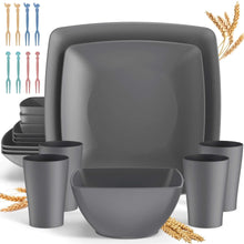 GPED 24 Pcs Wheat Straw Square Dinnerware Sets For 4, Unbreakable Dish Sets, Reusable Plates and Bowls Sets, Dinner Plates, Travel Camping Cutlery Set, Dishwasher Microwave Safe, Beige - Brands For Less USA