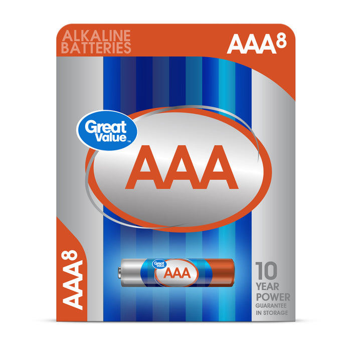 Great Value Alkaline AAA Batteries, 8 Count (Plastic Free Packaging ...