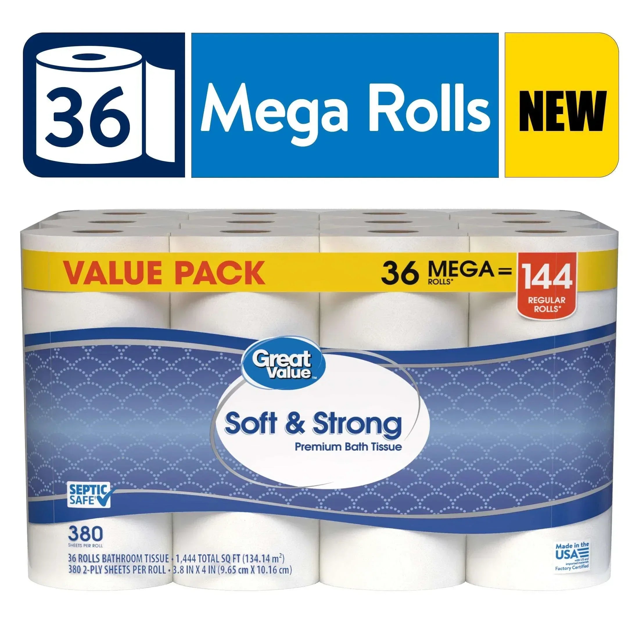 Great Value Soft & Strong Premium Toilet Paper, 36 Mega Rolls, 380 She ...