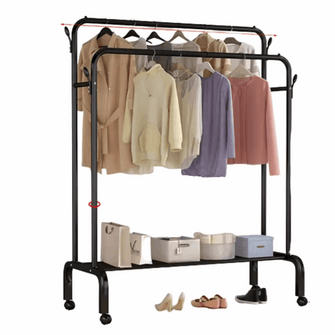 Freestanding Garment Rack, Double Rods with Wheels, Multi-Functional Bedroom Clothes Rack, Double Layer Hanger, Black