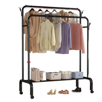 "Freestanding Garment Rack, Double Rods with Wheels, Multi-Functional Bedroom Clothes Rack, Double Layer Hanger, Black "