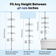 HAMITORCornerShowerCaddyTensionPoleQuickInstallation4-TierRustproofBathroomOrganizerShelvesforBathtubShampooStorage-47-121inchAdjustableFloorStandingBathRackHolder1 - Brands For Less USA