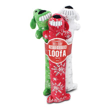Multipet Plush Holiday Loofa Dog Toy with Sparkly Snowflakes, Stuffing & Squeaker, 3 pack with Red, Green & White, 12" Each