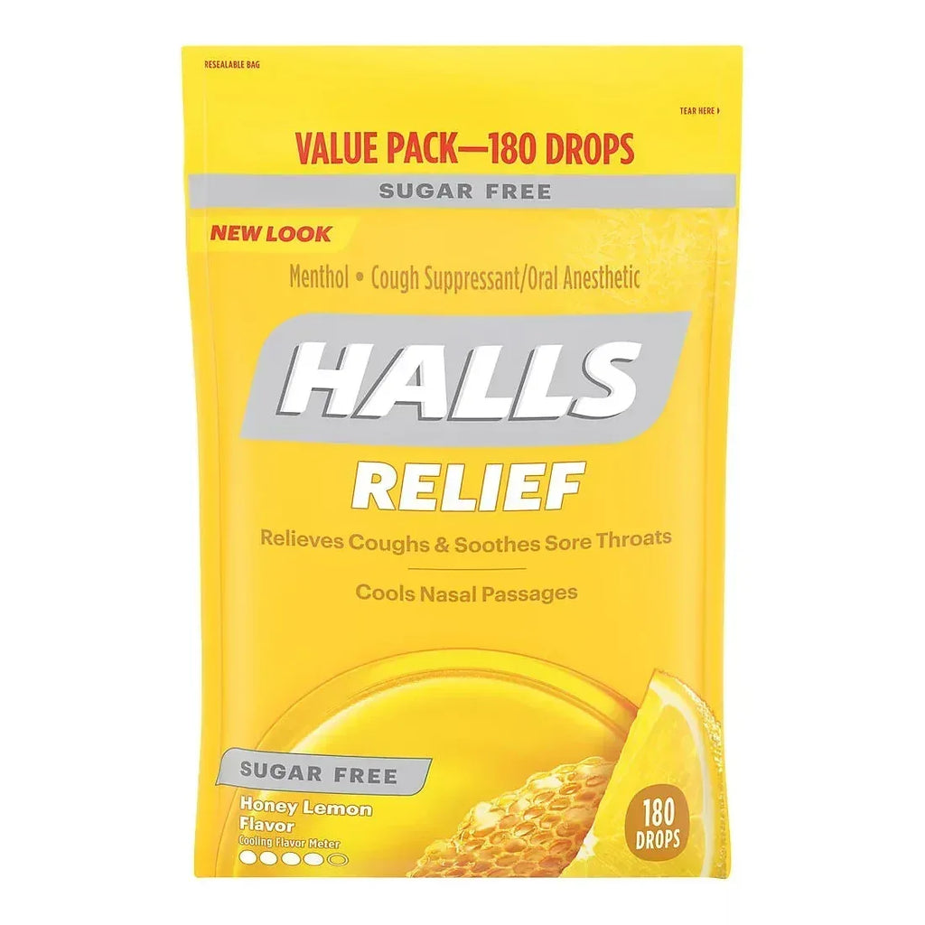 Halls Sugar-Free Honey Lemon Cough Suppressant Drops, 180 Count– Brands ...