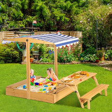 Haverchai Kid Sandbox with Lid, Outdoor Wooden Sand Boxes with Kids Picnic Table, Sandpit with Cover Canopy, Toddler Outdoor Playhouse with 2 Bench, Adjustable Roof & Bottom Liner for Backyard, Beach