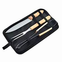 Juego de utensilios para barbacoa de acero inoxidable de alta resistencia, 3 piezas: cuchillo, tenedor y pinzas, con bolsa de transporte y mangos de madera de rosa. 