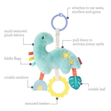 Infantino Shake & Pull Jittery Dinosaur Pal Plush Toy with Textures, Teether, Crinkle Sounds, and Stroller Clip for Babies 6-12 Months