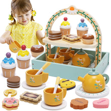 JoyStone Wooden Tea Party Set for Toddlers, Pretend Play Tea Sets for Kids with Storage Cupcake Stand, Wooden Toys Gifts for Girls & Boys