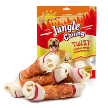 Bocadillos masticables con huesos anudados de pollo Jungle Calling para perros grandes, de larga duración.