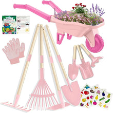 Kids Gardening Set with Wheelbarrow, Real Metal Garden Tools for Kids Ages 3-8, 4 Long Handle Tools, 3 Hand Tool, Gloves, 5 Stickers, Handbook, Outdoor Backyard Toys for Toddler Gift