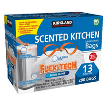Kirkland Signature Flex-Tech Scented Kitchen Drawstring Bags, 13 gallon size, 200 bags, in blue and white retail packaging with orange and yellow accents.