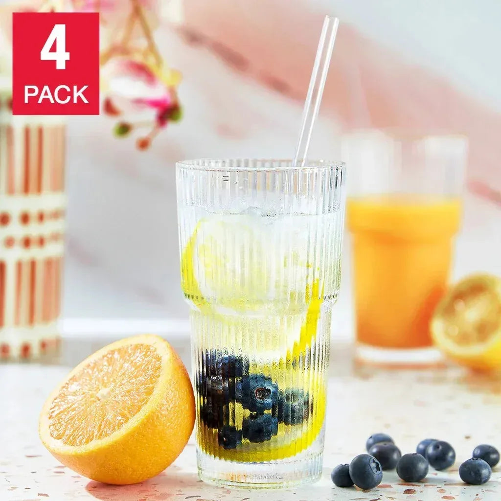 Mesa Ribbed 20 oz. Glass Cups with Lids and Straw, 4-pack– Brands For ...