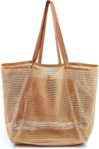 Mesh Beach Tote Bag, Extra Large, Waterproof Inner Pocket, Perfect for Beach, Pool, Travel & Family, Brown